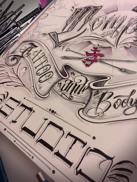 Tattoo Banner for Temple by Nick DeGenova. #typography #banner #lettering Floral Banner Tattoo, Triple Banner Drawing, Tattoo Banners Design, Name Banner Tattoo, Name Banner Tattoo Ribbons, Heart Name Banner Tattoo, Banner Tattoo, Tattoo Banner, Tattoo Chair