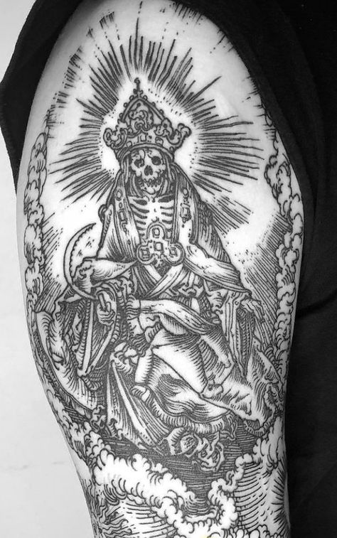 Engraving Tattoo Sleeve, Etching Tattoo Sleeve, Antichrist Tattoo, Engrave Tattoo, Medieval Tattoo Sleeve, Woodcut Tattoo Sleeve, Illustrated Tattoo, Skull Couple Tattoo, Mens Body Tattoos