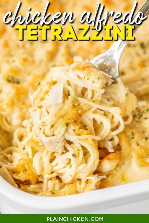 Chicken Alfredo Tetrazzini - two favorites combined into one amazing dish! Super creamy and delicious. Chicken, spaghetti, Alfredo sauce, cream of chicken, cream of mushroom, chicken broth, and parmesan cheese. Can make in advance and refrigerate or freeze for later. Great for an easy weeknight meal, potluck, dinner parties, and holiday meals. Serve with some green beans and rolls for a meal the whole family will enjoy! Tetrazzini Chicken, Spaghetti Alfredo, Plain Chicken Recipe, Casserole Ideas, Alfredo Chicken, Chicken Tetrazzini, Potluck Dinner, Plain Chicken, Chicken Meals