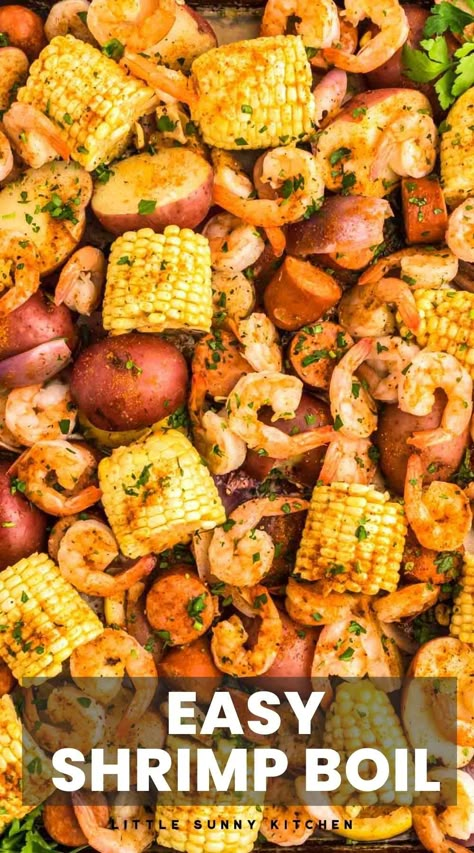 Shrimp Boil is a Southern summer favorite! With shrimp, red potatoes, andouille sausage, and sweet corn, it’s a meal for your next pool party. Seafood Boil Seasoning Recipe, Shrimp Boil Seasoning, Easy Shrimp Boil Recipe, Easy Shrimp Boil, Seafood Boil Seasoning, Can Cooker, Shrimp Boil Recipe, Seafood Boil Recipes, Sunny Kitchen