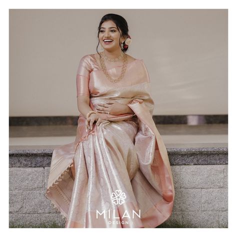 Pastel Colors Sarees, Pastel Bridal Saree, Milan Design Sarees, Manthrakodi Saree Christian, Pastel Sarees, Saree Outfit, Christian Bridal Saree, Bridal Things, Engagement Dress For Bride