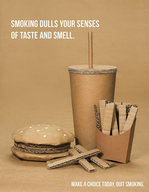 Image found via Pinterest 11/19/17 This ad is to promote non-smoking. It is simple and right to the point. Smoking harms your body, so "Make a choice today, and quit smoking". Pinterest Fail, Pinterest Advertising, Clever Advertising, Cardboard Box Crafts, Cardboard Toys, Creative Advertising Design, Cardboard Sculpture, Guerilla Marketing, Cardboard Art