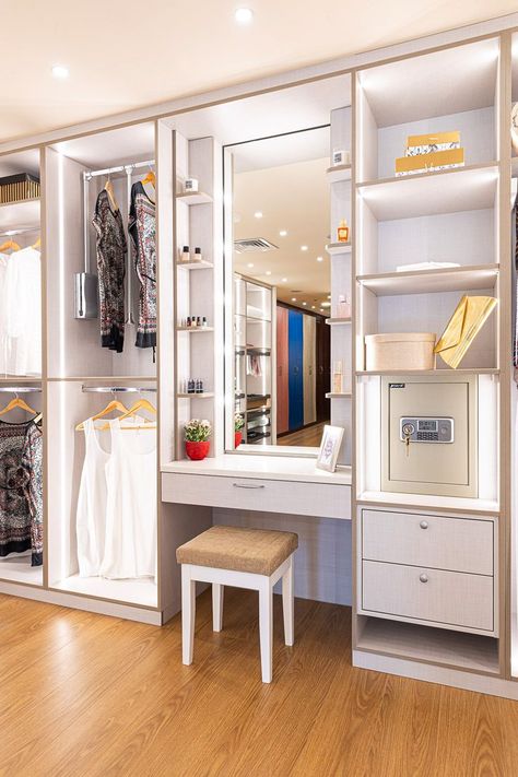 Walkin Wardrobe With Dresser, Wardrobe With Makeup Area, Wardrobe Closet With Vanity, Closet With Makeup Vanity Built In, Dressing Room Vanity Ideas, Make Up Vanity Walk In Closet, Hidden Vanity In Closet, Closet Built In Vanity, Vanity With Closet