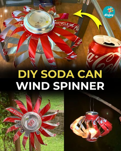 Want to recycle soda cans? Turn them into this beautiful wind spinner! Find the step-by-step instructions here. Soda Can Diy Projects, Beer Can Wind Chimes Diy, Soda Can Crafts Diy Ideas, Tin Can Wind Chimes Diy, Recyclable Art Projects, Pop Can Tab Crafts, Diy Wind Spinners, Coke Can Crafts, Recycling Cans