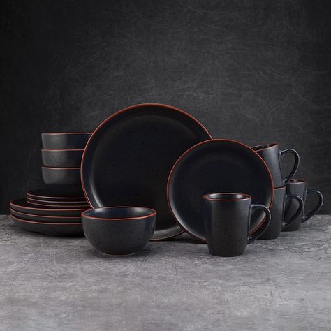 16 Piece Dinnerware Set, Service for 4, Black Dark Boho Kitchen, Black Dinnerware Set, Blue Dinnerware Sets, Black Dinnerware, Dark Boho, Blue Dinnerware, Dining Ware, Mug Crafts, Black Glaze