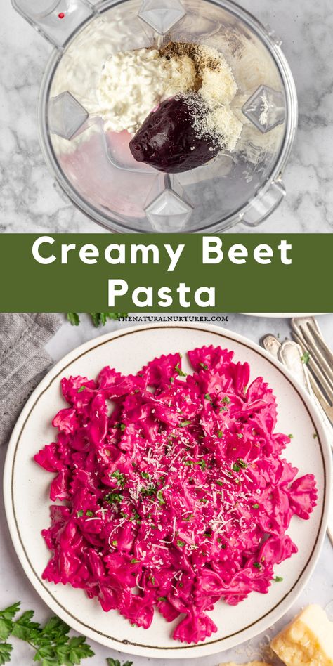 This Creamy Beet Pasta is delicious, beautiful, and comes together in just 15 minutes when you use precooked beets. #veggieloaded Beet Feta Pasta, Beet And Feta Pasta, Cooking With Beets, Beets And Cottage Cheese, Beet Pasta Sauce Recipe, Beet And Goat Cheese Pasta, Vegan Beet Pasta, Beet Ricotta Pasta, Beets Pasta Sauce