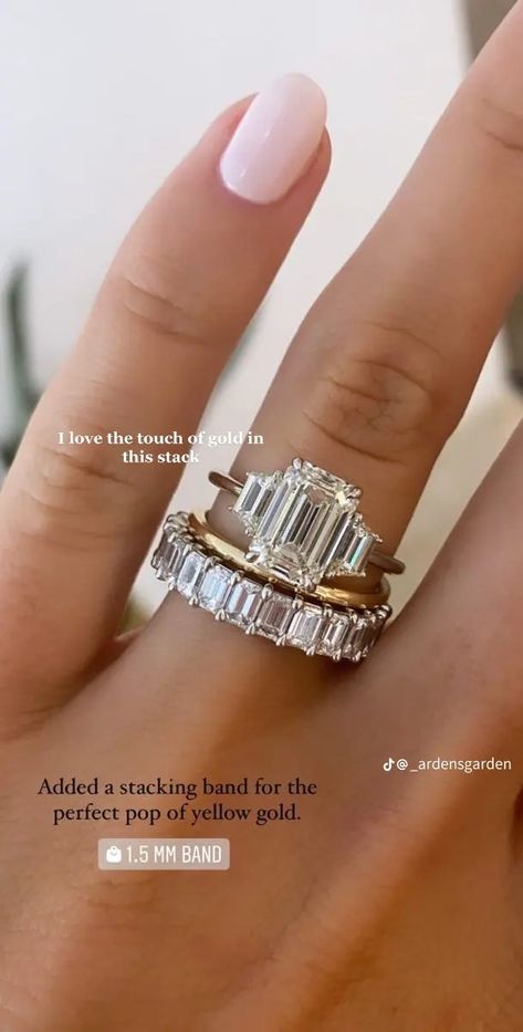 Three Stone Emerald Cut Ring, Mixed Metal Wedding Rings, Bridal Era, Double Wedding Bands, Wedding Rings Emerald Cut, Stacked Engagement Ring, Ring Upgrade, Emerald Eternity Band, Gift Wishlist