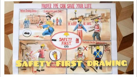 Industrial Safety Drawing, Safety Drawing, Workplace Safety Slogans, Safety Slogans, Happy Emotions, Safety Procedures, Drawing Competition, Drawing Pictures, Safety Awareness