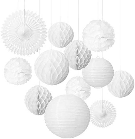 LIHAO Party Decoration 12x Paper Lanterns Tissue Paper Pom Poms Honeycomb Balls Fans Decoration Set for Wedding Celebration Birthday Party Baby Shower Party - White : Amazon.co.uk: Home & Kitchen Hanging Pom Poms, White Paper Lanterns, Paper Lanterns Wedding, Paper Lantern Decor, Hanging Paper Lanterns, Paper Pom Pom, Pom Pom Flowers, Paper Party Decorations, Tissue Pom Poms