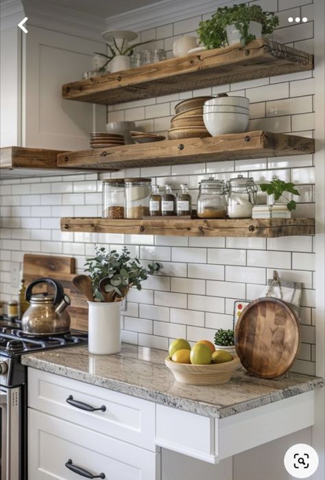 Rental Kitchen Inspiration, Kitchen Floating Shelves, Kitchen Shelf Decor, Rental Kitchen, Farmhouse Decor Ideas, Farmhouse Kitchen Island, Shelving Ideas, Diy Kitchen Renovation, Open Kitchen Shelves