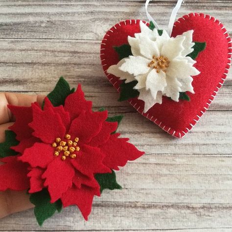 Updates from DusiCrafts on Etsy Felt Poinsettia, Heart Christmas Ornaments, Felt Crafts Christmas, Felt Crafts Diy, Felt Christmas Decorations, Red Ornaments, Christmas Placemats, Felt Decorations, Felt Christmas Ornaments