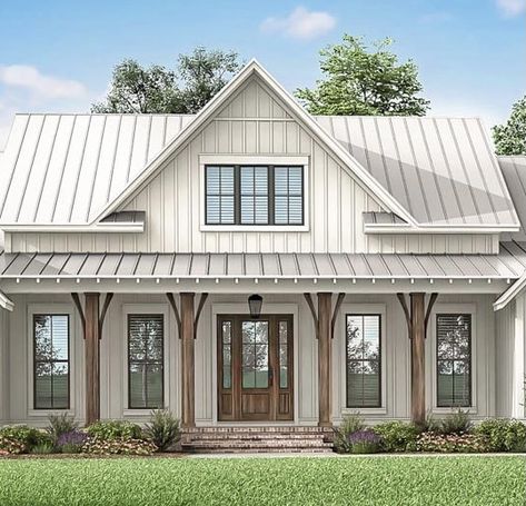 Metal Roof Houses Color Combos, Office Exterior, White Farmhouse Exterior, Metal Roof Houses, House On A Budget, White Siding, Homes Ideas, Home Exterior Makeover, Exterior Makeover