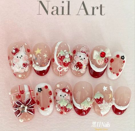 Jelly Christmas Nails, Christmas Nails Charms, Christmas Nails Kawaii, Christmas Sanrio Nails, Christmas Nails Douyin, Asian Christmas Nails, Christmas Douyin Nails, Korean Nails Christmas, Kawaii Winter Nails