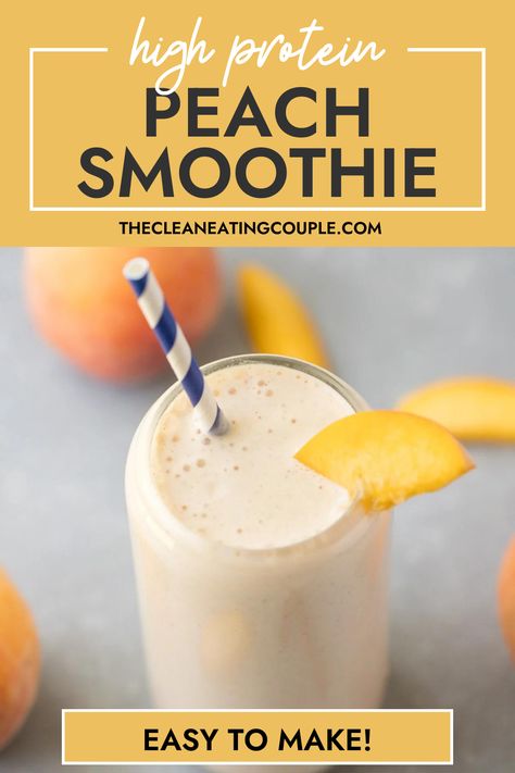 High Protein Peach Smoothie you can make in under 5 minutes! Healthy, creamy and packed with protein – this Fresh Peach Smoothie is the best! White Peach Smoothie, Keto Peach Smoothie, Healthy Peach Recipes Clean Eating, Low Calorie Peach Recipes, Peach Protein Smoothie, Fresh Peach Smoothie, Peach Smoothie Recipes Healthy, Peach Yogurt Smoothie, Easy Protein Smoothie Recipes