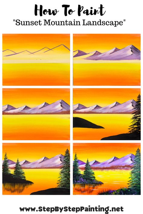 How To Paint Mountains Step By Step, Step By Step Mountain Painting, Landscape Paintings Acrylic Step By Step, How To Paint A Landscape, Simple Mountain Painting Acrylic, Simple Landscape Paintings, Sunset Mountain Painting, Landscape Step By Step, Mountain Sunset Painting