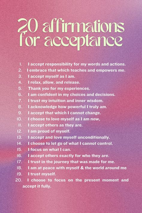 Daily affirmations for women Empowering list of quotes Affirmations for radical acceptance, self-acceptance, embracing who you are, mindfulness, self-love, positive self-talk, inner peace, mental health, personal growth, self-improvement, healing, manifestation, spirituality Mantras For Acceptance, Self Acceptance Journal, Radical Acceptance Affirmations, Empowering Self Love Quotes, How To Accept Myself, Self Acceptance Affirmations, Radical Self Acceptance, Inner Peace Affirmations, Daily Affirmations Mental Health