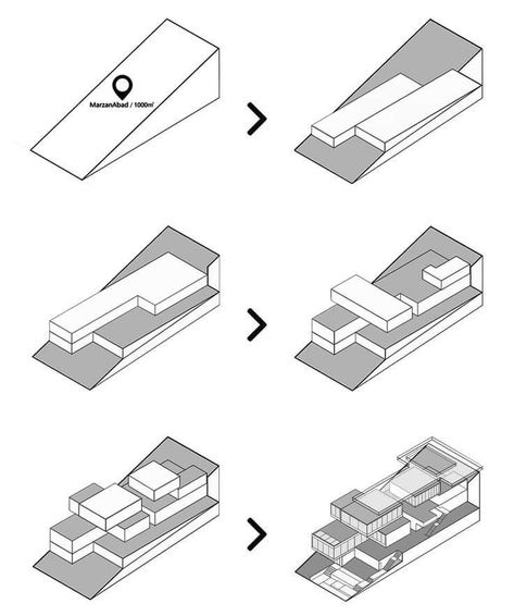 Massing Model Architecture Concept, Villa Concept Architecture, Sloping Architecture, Concept Models Architecture Student, Architectural Concept Diagram, Slope Villa, Massing Model Architecture, Concept Model Architecture, Villa Project Architecture