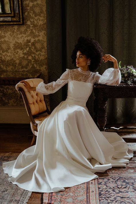 Sassi Holford modern wedding dress with long delicate sleeves. Afro hair black bride. Devlin Photos. Simplistic Wedding, Sassi Holford, Victorian Wedding Dress, Hair Bride, Vintage Wedding Dresses, Womens Wedding Dresses, Black Bride, Victorian Wedding, Dream Wedding Ideas Dresses