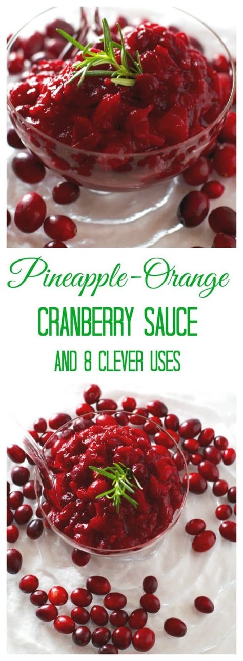 Pineapple-Orange Cranberry Sauce has 4 ingredients, and has a wonderfully balanced sweetness, plus 8 ways to use this cranberry sauce during the holidays! Cranberry Orange Pineapple Relish, Cranberry Sauce Pineapple, Cranberry Sauce With Pineapple Recipe, Cranberry Relish With Pineapple, Pineapple Cranberry Sauce, Cranberry Sauce Recipe With Pineapple, Cranberry Pineapple Relish, Cranberry Sauce With Pineapple, Cranberry Pineapple Sauce