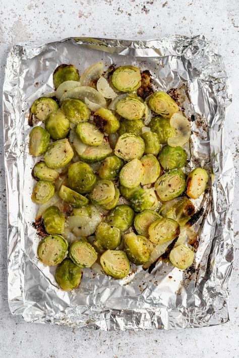 Tony's Grilled Brussels Sprouts (made in foil packs!) | Ambitious Kitchen How To Grill Vegetables, Grilled Vegetable Kabobs, Grilled Brussel Sprouts, Grill Vegetables, Vegetable Kabobs, Foil Packs, Vegan Grilling, Ambitious Kitchen, Brussels Sprouts Recipe