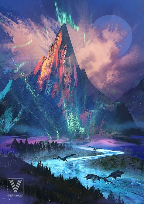 ArtStation - Land of Dragon Mythical Dragons, Fantasy Land, Big Mountain, Fantasy Dragon, Each Day, Art Pictures, Aesthetic Art, Art Inspo, Art Design