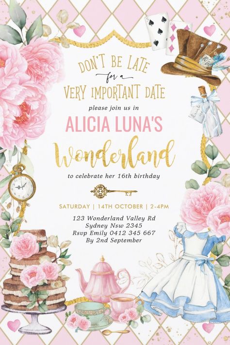 Whimsical Alice in Wonderland tea party birthday invitations. Amazing birthday party invites for girls featuring Alice in Wonderland theme. afflink Alice In Wonderland Invitations, Tea Bridal Shower Invitations, Wonderland Invitation, Wonderland Birthday Party, Alice In Wonderland Tea Party Birthday, Alice In Wonderland Birthday, Tea Party Invitations, Alice In Wonderland Theme, Alice In Wonderland Tea Party