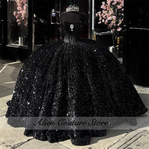 Glitter Black Sequins Quinceanera Dresses Ball Gown 2024 Beads Diamonds Sweet 16 Dress Birthday Dress 18th Birthday, Sequin Corset, Black Quinceanera Dresses, Ball Gown Dress, 16 Dress, Wedding Dresses With Flowers, Prom Ball Gown, Theme Dress, Wedding Flower Girl Dresses