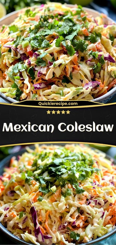 Mexican Coleslaw This Mexican coleslaw is tangy, crunchy, and bursting with flavor. A refreshing side dish perfect for tacos, barbecues, or any summer gathering. Ingredients: 4 cups shredded cabbage ½ cup cilantro, chopped ¼ cup lime juice 1 tbsp olive oil Fall Recipes Sides, Mexican Coleslaw, Healthy Coleslaw Recipes, Mexican Vegetables, Taco Side Dishes, Mexican Salad Recipes, Veggie Salad Recipes, Healthy Coleslaw, Barbecue Side Dishes