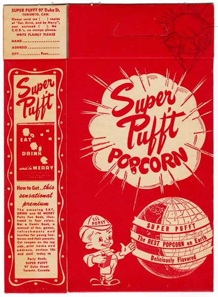 Old timey popcorn box Retro Popcorn, Popcorn Graphic, Popcorn Box Design, Vintage Popcorn, Retro Food Packaging, Popcorn Design, Popcorn Aesthetic, Popcorn Logo, Popcorn Brands