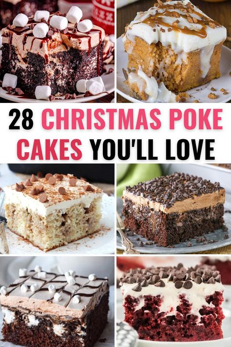 Christmas Dump Cake Recipes Holidays, Holiday Poke Cake Recipes, Thanksgiving Poke Cake Recipes, Sheet Pan Christmas Desserts, Christmas Poke Cakes, Cake Mix Christmas Desserts, Christmas Bundt Cake Holiday Desserts, Holiday Dump Cake, Christmas Desserts Potluck