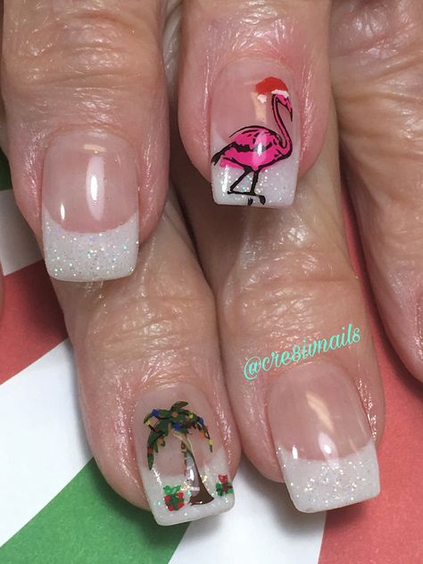 Beach Christmas Nail Art, Christmas Flamingo Nails, Florida Christmas Nails, Christmas In Hawaii Nails, Christmas Beach Nails, Tropical Christmas Nails, Island Nails, Caribbean Christmas, Hawaii Nails