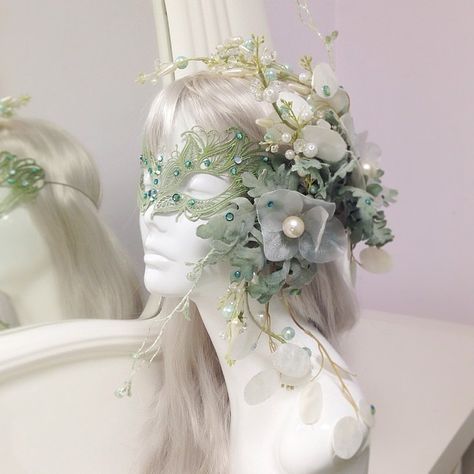 The mask and hair-flower accessories we are working on which pair with a Sea Foam Faerie Commission 🍃#seafoam #fairytale #faerie #fairy #mask #masquerade Fairy Mask Diy, Fae Masquerade Mask, Nature Masquerade Mask, Forest Masquerade Mask, Fairy Masquerade Mask, Floral Masquerade Mask, Fae Party, Forest Masquerade, Fairy Masquerade