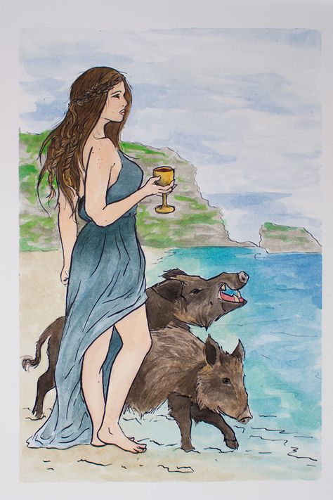 In the Greek epic The Odyssey the goddess Circe turns Odysseus's crew into pigs. This Circe illustration was created with ink and watercolor on Readi-Board foam board. Circe The Odyssey, Circe Witch Of Aiaia, Circe Goddess Drawing, Circe And Odysseus Fanart, Circe Illustration, Circe Book Fanart, Circe Madeline Miller Fanart, Circe Fanart, Circe Book