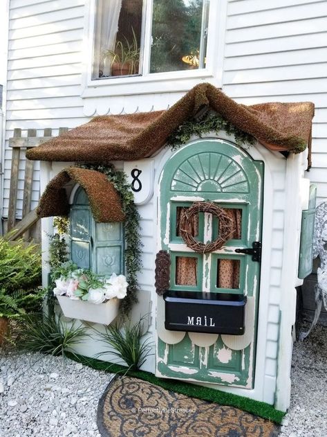 Cozy Cottage Playhouse Upcycle. After a good (and I mean really, really good) scrubbing, I took a tired, old plastic playhouse and transformed it into the sweetest little English Cottage-Style Playhouse you ever did see. Complete with a faux thatched roof! Seriously people - it has a thatched roof!!!    I mean, if this cottage isn't fit for a "Princess Fairy Goddess Queen", I sure the heck don't know what is!    Here's where we started. This house has been with us for almost 13 years. Abandon House, Cottage Playhouse, Plastic Playhouse, Mud Kitchens, Distressing Painted Wood, Playhouse Ideas, Fairy Goddess, Diy Playhouse, Diy Trellis