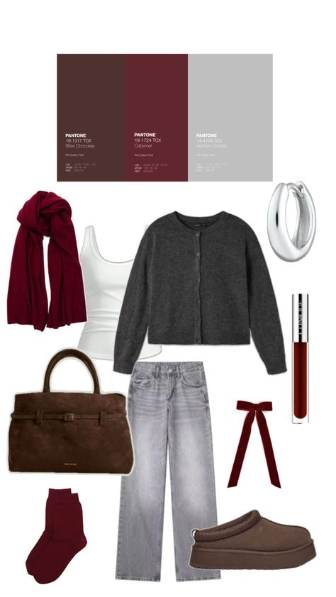 Outfit inspo burgundy outfit color combo 2024 colour combos Gray Outfit, Burgundy Outfit, Colour Combos, Colour Combo, Brown Outfit, Grey Outfit, Outfit Idea, Chocolate Brown, Color Combos