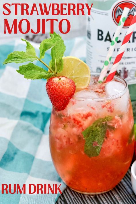 This easy Strawberry Mojito recipe is perfect for boozy spring cocktails. Rum, fresh strawberries, fresh mint and lime juice, along with strawberry flavored sparkling water make this refreshing berry mojito. It's a favorite strawberry cocktail recipe! Strawberry Rum Cocktails, Berry Cocktail Recipes, Easy Strawberry Mojito Recipe, Strawberry Mojitos, Strawberry Cocktail Recipe, Best Rum Cocktails, Berry Mojito, Summer Mixed Drinks, Strawberry Mojito Recipe