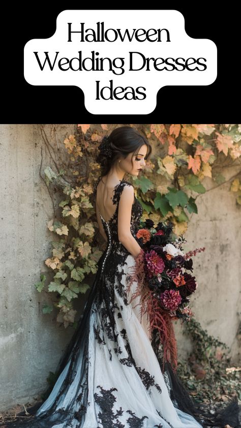 Spooky and romantic Halloween wedding dress featuring dark lace, gothic details, and dramatic silhouettes for an eerie yet elegant bridal look Small Gothic Wedding, Dark Romantic Wedding Dress, Elegant Halloween Wedding, Gothic Details, Romantic Halloween, Halloween Wedding Dresses, Dark Romantic Wedding, Gothic Bride, Halloween Themed Wedding