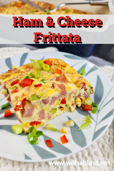 Ham and Cheese Frittata is the perfect breakfast ! Delicious, easy as it is baked and two Frittatas can fit in the oven. Colorful enough for Christmas breakfast ! Quick and easy prepping. mix and bake ! Serves 8 Ham And Cheese Frittata Easy, Ham And Egg Frittata, Breakfast Oven Recipes, Tomato Egg Bake, Oven Frittata, Ham And Cheese Frittata, Breakfast Quick And Easy, Frittata Recipes Baked, Oven Baked Frittata