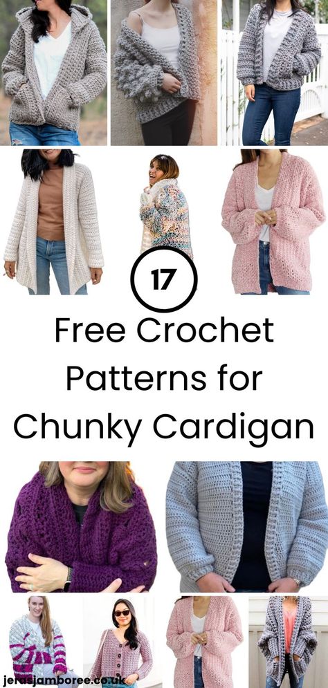 12 photos showing women wearing different styles of easy chunky crochet cardigans Hat Patterns Crochet, Chunky Wool Crochet, Chunky Cardigan Pattern, Chunky Crochet Cardigan, Crochet Cardigan Pattern Free Women, Chunky Yarn Crochet Pattern, Easy Crochet Cardigan, Chunky Yarn Crochet, Crochet Baby Sweater Pattern