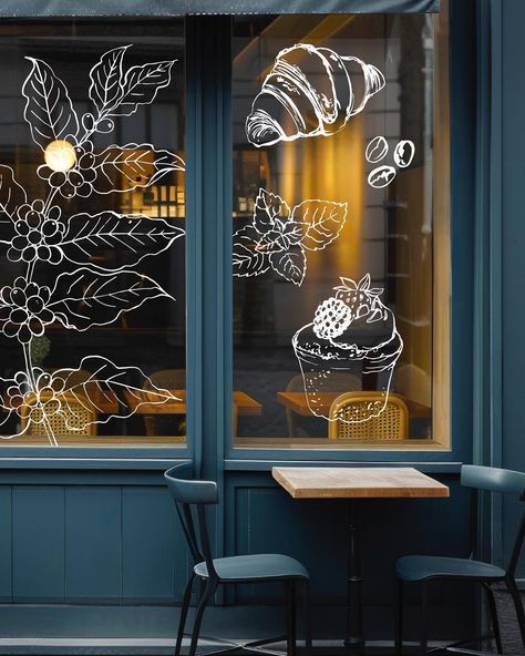 Bakery Window Art, Coffee Window Display, Cafe Window Art, Coffee Shop Window Art, Restaurant Window Graphics, Coffee Shop Window Design, Shop Window Illustration, Cafe Illustration Art, Coffee Shop Window