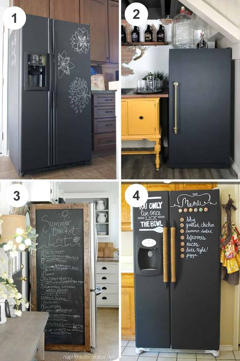 These refrigerator makeovers will STOP you in your tracks! Update Refrigerator Fridge Makeover, Covering Refrigerator With Contact Paper, How To Wrap A Refrigerator, Fridge Wrap Ideas, Painted Refrigerator Ideas, Refrigerator Door Decor Ideas, Fridge Cover Ideas Refrigerators, Wallpaper Refrigerator Diy, Peel And Stick Wallpaper Refrigerator