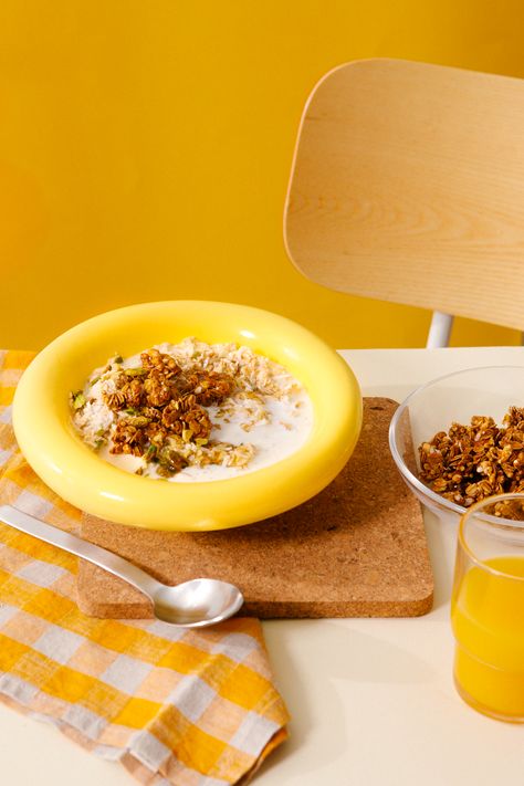 Creative direction, food styling and food photography of granola set in a bright yellow, fun breakfast scene. Food Styling Photography, Fun Breakfast, Breakfast Photography, Foodie Photography, Dessert Photography, Styling Photography, Yellow Foods, Kids Menu, Japanese Snacks