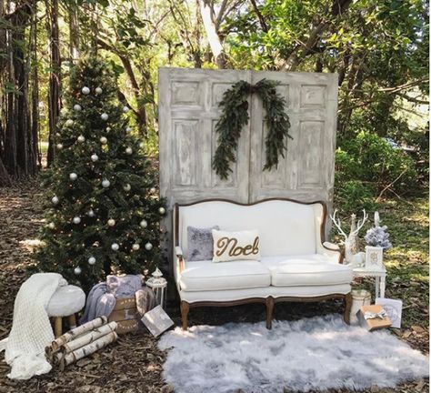 Christmas scene featuring our white love seat, white wash doors backdrop, perfect for a family Christmas photoshoot. Rentals by @mivintage #christmas #christmasdecor #gold #christmasminis #holidayminis #holidayminisessions #holidayparty #christmasset #southfloridaphotographer #christmasphotoshoot #christmasphotography #vintagerentals #mivintage #vintagerentalsmiami #propshop #prophouse #silver #vintageprops #vintage #modernvintage #goldchristmas Porch Christmas Photoshoot, Christmas Photo Area Ideas, Christmas Backdrops For Photos Outdoors, Christmas Mantel Photoshoot, Outdoor Christmas Minis Photography, Christmas Mini Ideas Photo Sessions, Christmas Photo Setup Outdoor, Christmas Outdoor Backdrop, Vintage Christmas Mini Sessions