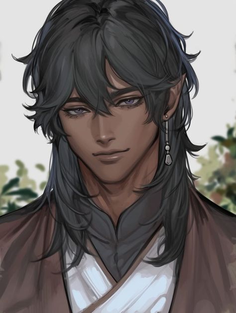 Long Male Hairstyles Reference, Pretty Anime Men Long Hair, Mexican Male Character Art, Anime Man Character Design, Highschool Oc Male, Long Hair Guy Anime, Dark Skin Male Art, Royal Male Oc, Boxer Oc Male