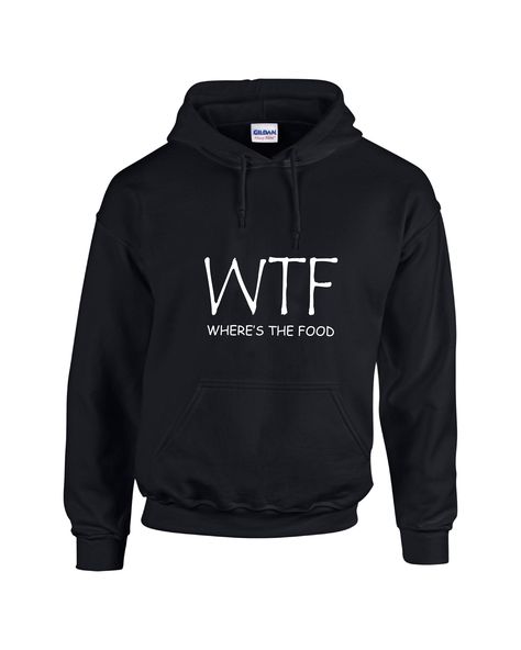 "WTF HOODIE, FOOD Sweatshirt, Trending Hoodie, Food Lover Hoodie, Where's The Food Pullover Minimalist Hoodie, Food Lover Gift Please review all the information provided before placing an  order Our custom apparel is designed with the utilization of  professional equipment. Desing is embedded too the apparel with transfers' press.  and Embroider machine unless otherwise mention. ♥Care Instructions♥ -Wash inside out. -Tumble dry on low -Do not iron directly over graphic. -If graphic becomes wrinkled, turn garment inside out and iron over backside of graphic.  This is for wrist embroidered text only. Please follow these steps for placing your order. Step#1 Choose the pullover Hooded Sweatshirt color and size. Step#2 Please enter the following information. in the \"Add your personalization \" Funny Hoodie Designs, Hoodies Quotes Funny, Funny Quotes On Hoodies, Hoodies With Quotes, Cheap Funny Long Sleeve Hoodie, Hoodies With Sayings, Trending Hoodies, Minimalist Hoodie, Sarcastic One Liners