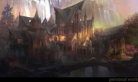 ArtStation - elf city, lim taeyeob Elven Mountain City, High Elven Architecture, Wood Elf City, Woodland Castle, Cliff Waterfall, Elven Art, Elf City, Elven City, Conifer Forest