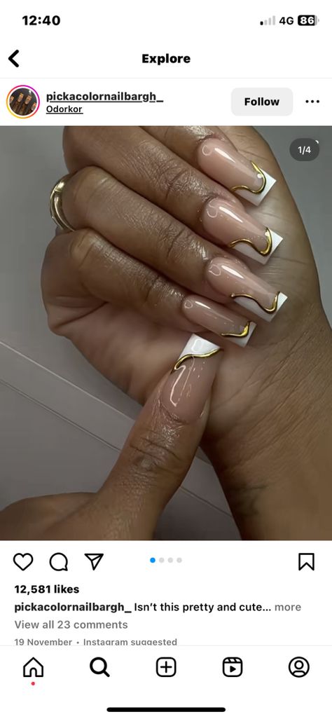 Hoco Nail Ideas Square, Gold Chrome French Tip Nails Square, Crown Design Nails, Square Nails Gold Design, Black French Tip Nails Gold Accent, Gold And Silver French Tip Nails, Grad Nail Ideas Simple, French Nail Designs With Gold, White Nail With Gold Design