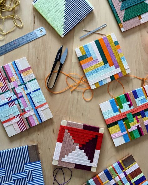 Instagram Weaving Painting, Yarn Wrapping, Photo Weaving, Weave Art, Mixed Media Weaving, Mixed Media Weaving Art, Painted Warp Weaving, Weaving Abstract Art, Handmade Journals Diy