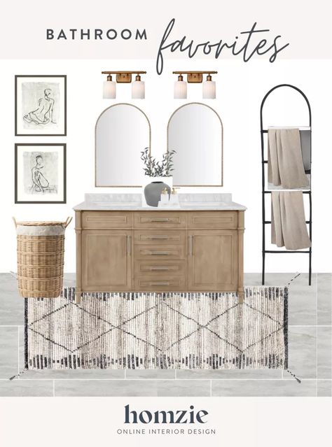 Modern Farmhouse Bathroom Towels, Transitional Farmhouse Bathroom, Primary Bathroom Mood Board, Powder Room Neutral, Bathroom Trends For 2024, Organic Modern Bathroom Design, Homzie Designs, Farmhouse Bathroom Towels, Bathroom Vanity Sconces