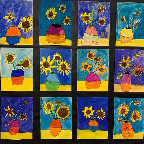 Van Gogh Sunflowers Art Project — Mme Marissa Van Gogh Sunflowers For Kids, Van Gogh Sunflowers Art Project, Sunflower Art For Kids, Vicente Van Gogh, Van Gogh Art Lesson, Sunflower Van Gogh, Kindergarten Painting, Vase With Fifteen Sunflowers, Van Gogh For Kids